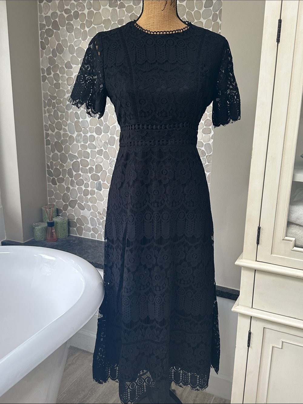 august silk Black Lace Midi Dress with Scalloped Sleeves